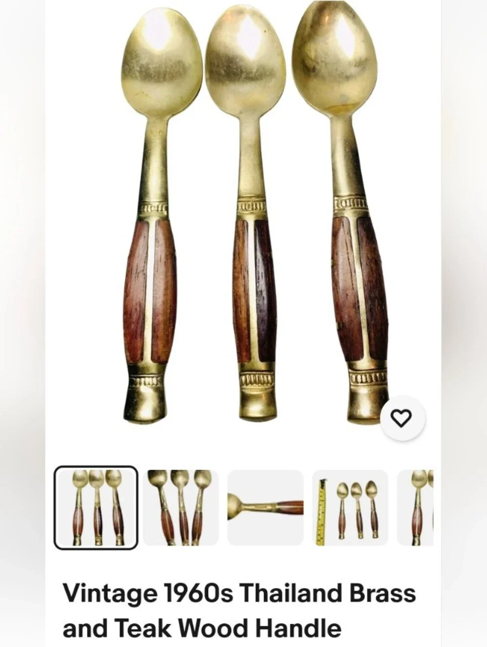 Vintage 1960's Thailand Brass Dessert Spoons with Brown Teak Wood Handles